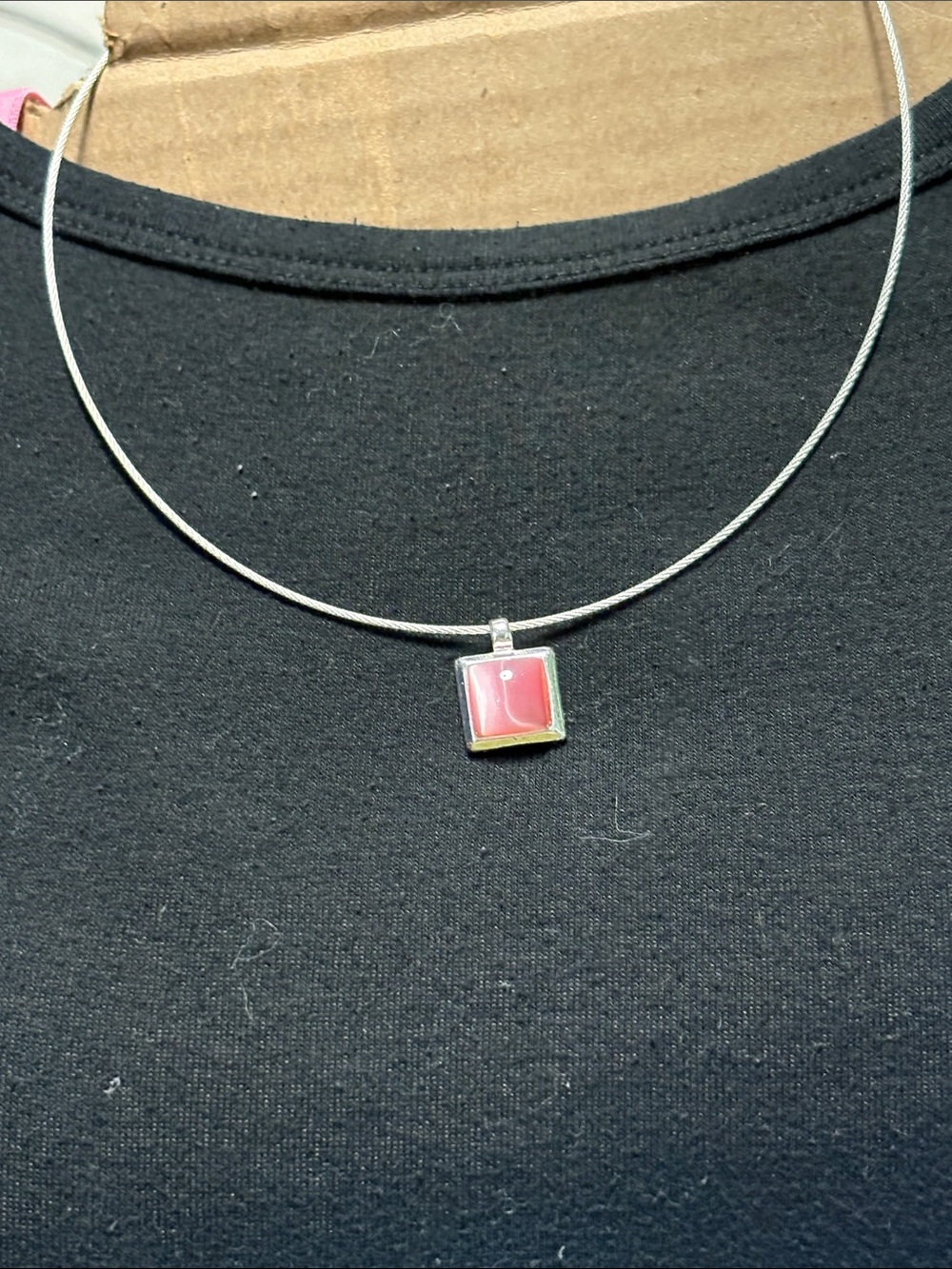 Silver Cable Choker with Pink Square Pendant - Women Jewelry